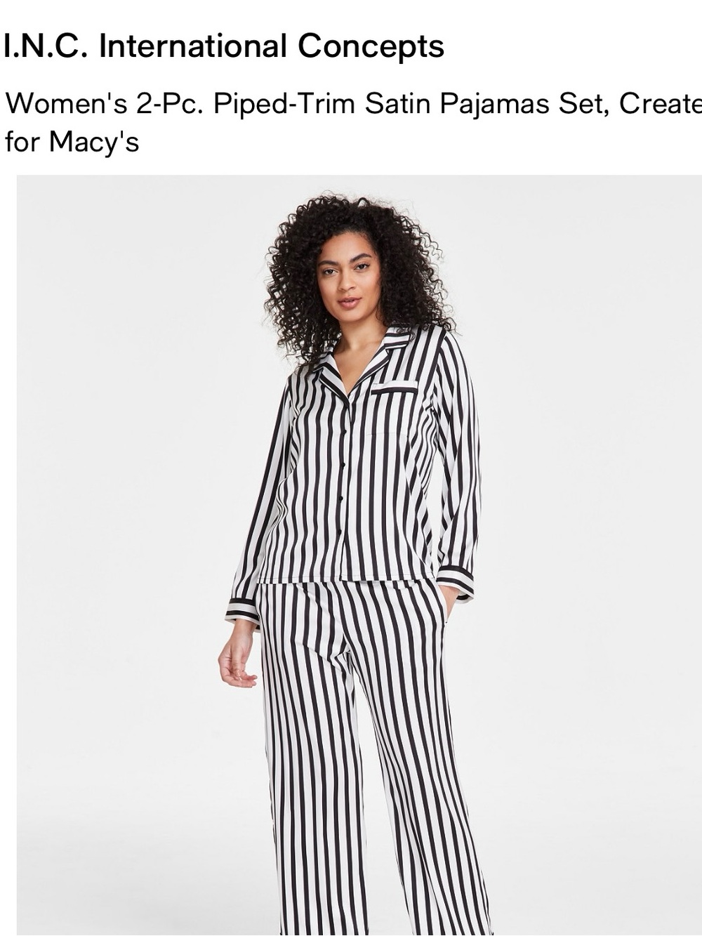 INC International Concepts Black and White Vertical Stripe Satin Pajama Set